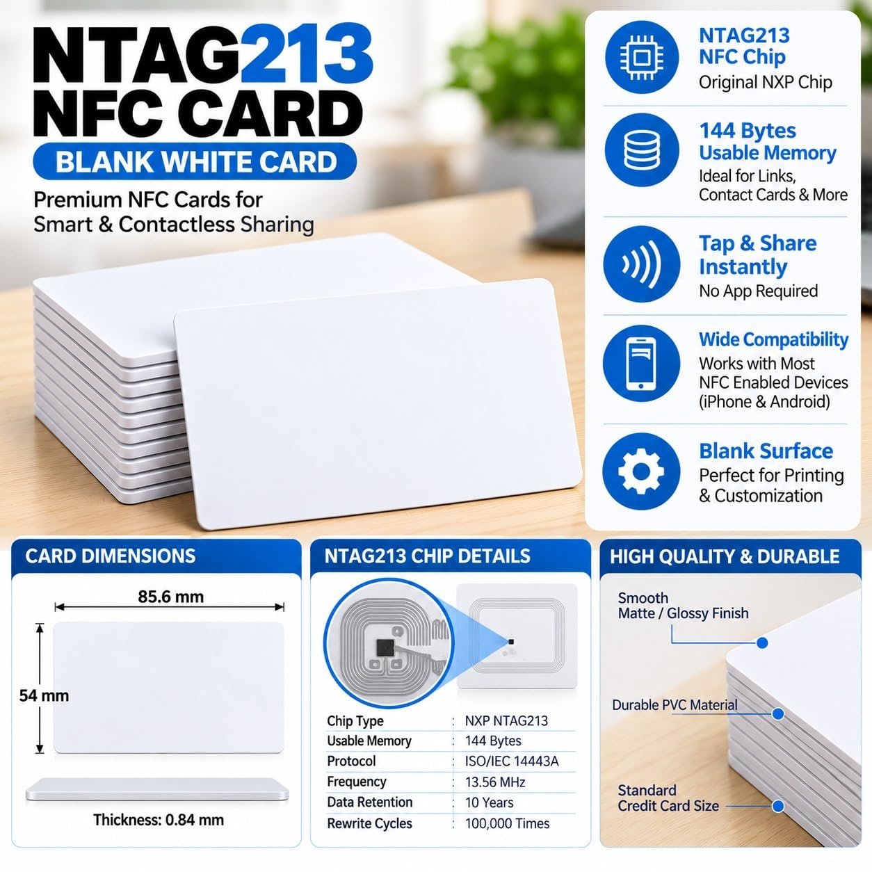 INDIGREEN NFC business cards, NTAG213 (144 bytes), blank printable and rewritable