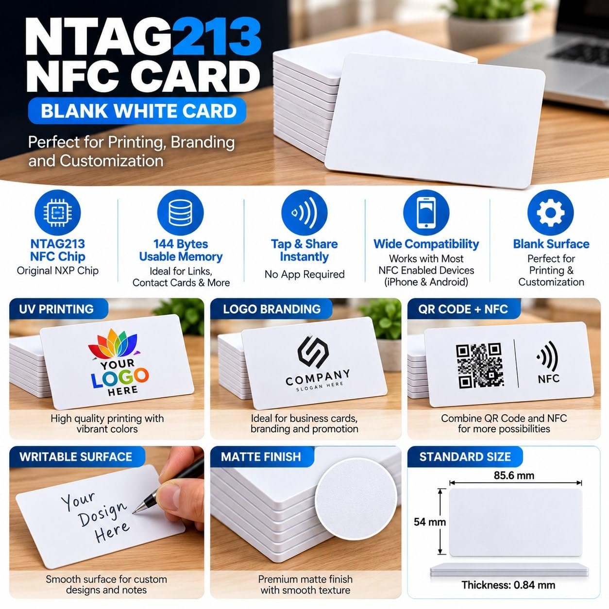 INDIGREEN NFC business cards, NTAG213 (144 bytes), blank printable and rewritable