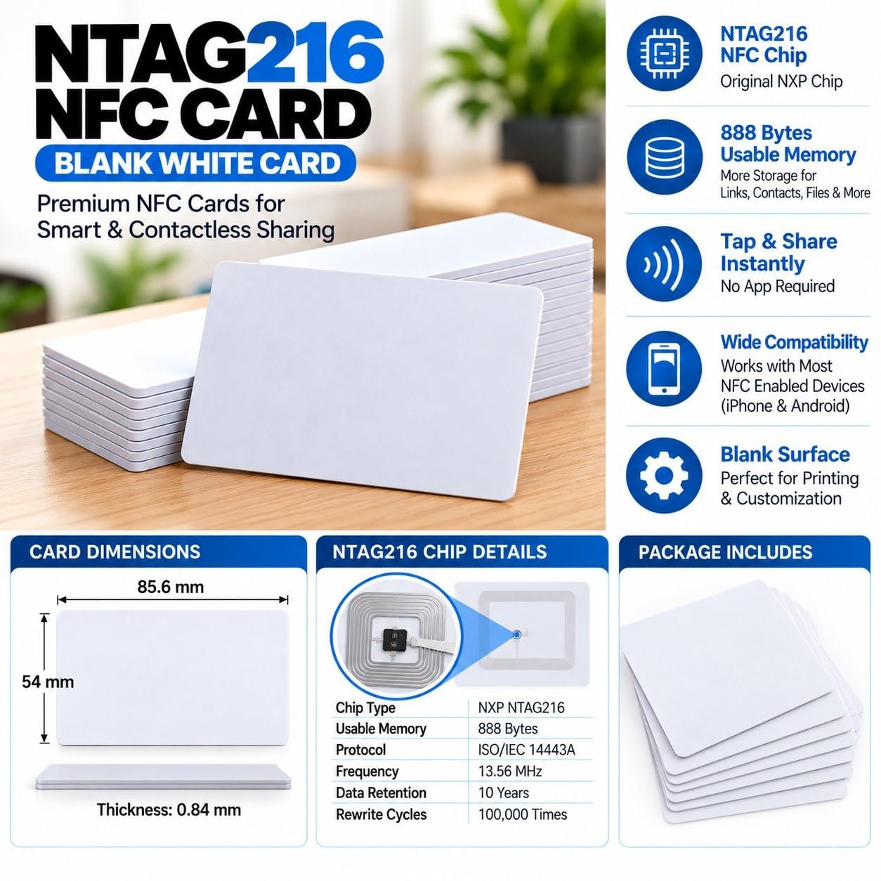 INDIGREEN NFC business cards, White, NTAG216 (888 bytes), blank printable and rewritable