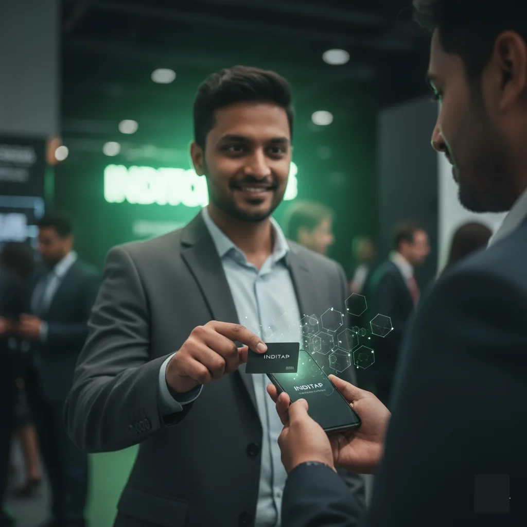 A partner showing an Inditap NFC card to a customer